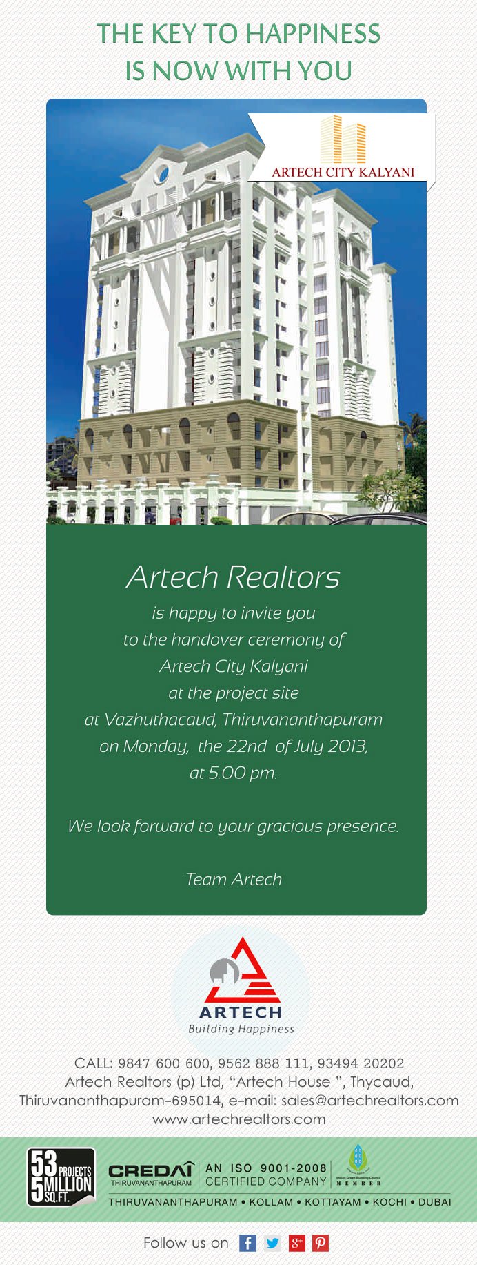 Inivitation to the handover ceremony of Artech City Kalyani